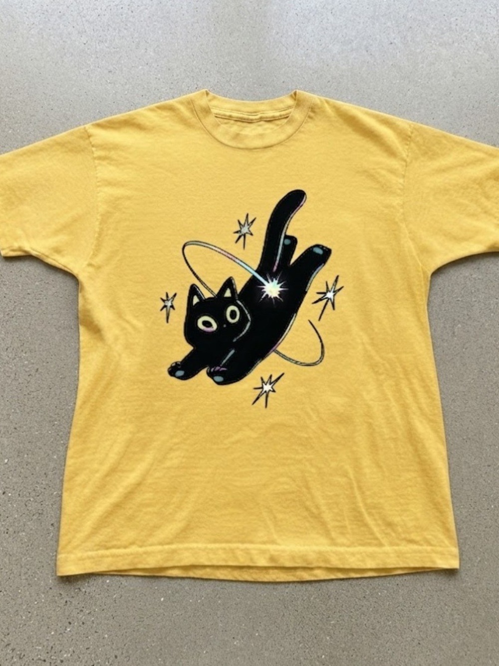 Black Cat Star Space Graphic Yellow Gildan T-shirt